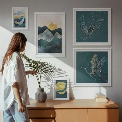 Modernes Wandbilder-Set mit stilvollem Bergpanorama mit Vögeln und Sonne