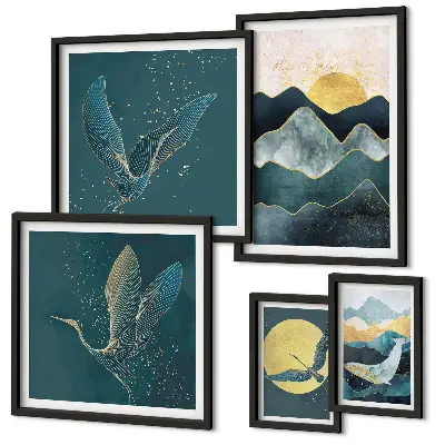 Modernes Wandbilder-Set mit stilvollem Bergpanorama mit Vögeln und Sonne