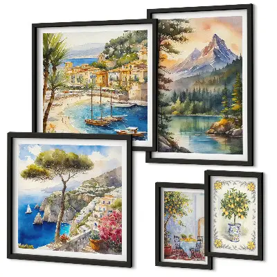 Modernes Wandbilderset mit Berg- und Meerblick