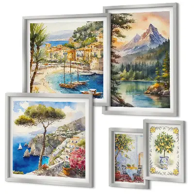 Modernes Wandbilderset mit Berg- und Meerblick