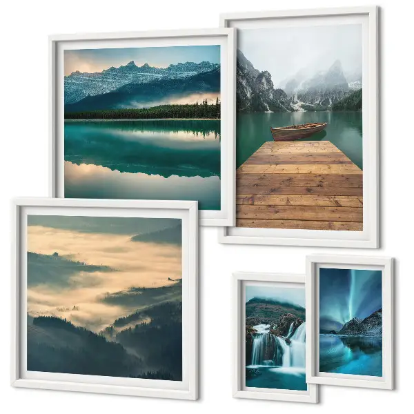 Modernes Wandbilder-Set mit Landschaften, Wasserfällen und Bergen