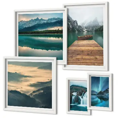 Modernes Wandbilder-Set mit Landschaften, Wasserfällen und Bergen