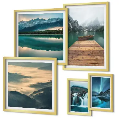 Modernes Wandbilder-Set mit Landschaften, Wasserfällen und Bergen