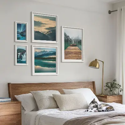 Modernes Wandbilder-Set mit Landschaften, Wasserfällen und Bergen