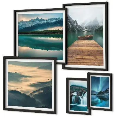 Modernes Wandbilder-Set mit Landschaften, Wasserfällen und Bergen
