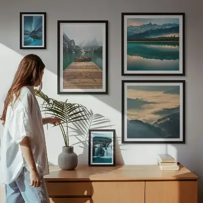 Modernes Wandbilder-Set mit Landschaften, Wasserfällen und Bergen