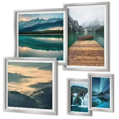 Modernes Wandbilder-Set mit Landschaften, Wasserfällen und Bergen