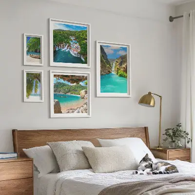 Bilderset fürs Sofa mit tropischen Wasserfällen und Stränden