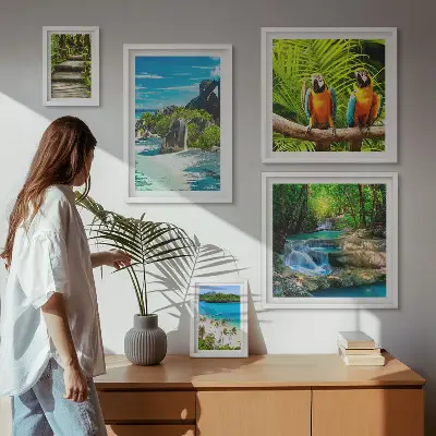 Modernes Wandbilder-Set mit tropischen Landschaften, Vögeln und Wasserfällen