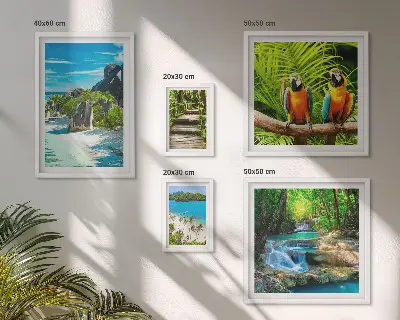 Modernes Wandbilder-Set mit tropischen Landschaften, Vögeln und Wasserfällen