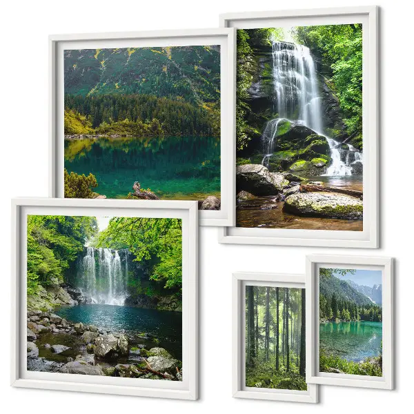 Modernes Wandbilder-Set mit Motiven von Wasserfällen und Waldlandschaften in der Natur