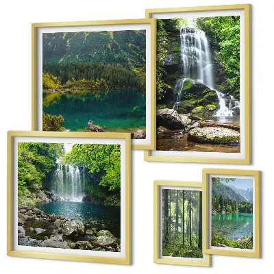 Modernes Wandbilder-Set mit Motiven von Wasserfällen und Waldlandschaften in der Natur