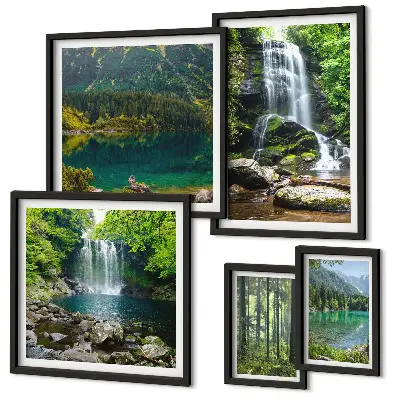 Modernes Wandbilder-Set mit Motiven von Wasserfällen und Waldlandschaften in der Natur