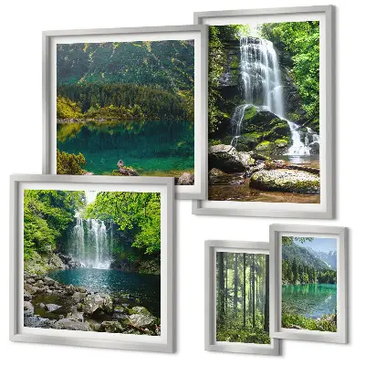 Modernes Wandbilder-Set mit Motiven von Wasserfällen und Waldlandschaften in der Natur