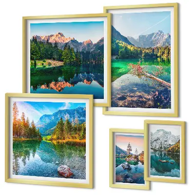 Modernes Wandbilder-Set mit Berglandschaften, Seen und Wäldern