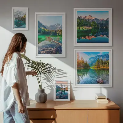 Modernes Wandbilder-Set mit Berglandschaften, Seen und Wäldern