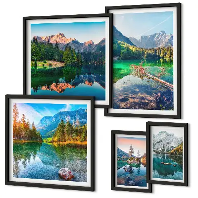 Modernes Wandbilder-Set mit Berglandschaften, Seen und Wäldern