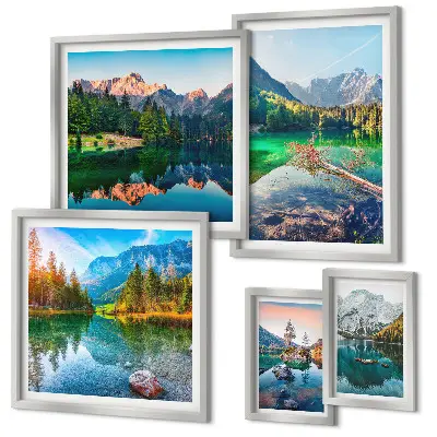 Modernes Wandbilder-Set mit Berglandschaften, Seen und Wäldern