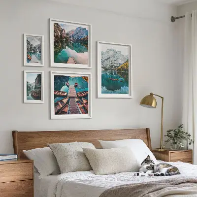 Bilderset Holzboote auf Bergseen fürs Sofa