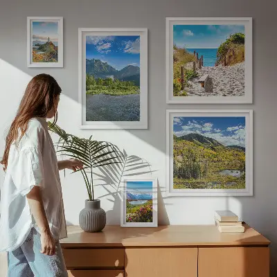 Modernes Wandbilderset mit Motiven von Bergen und Stränden