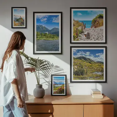 Modernes Wandbilderset mit Motiven von Bergen und Stränden