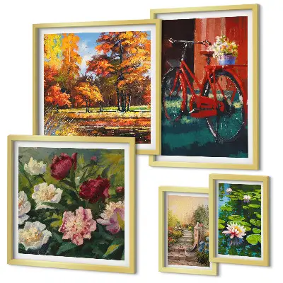 Modernes Wandbilder-Set mit Blumen und Fahrrädern in malerischer Schönheit