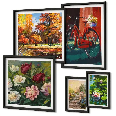 Modernes Wandbilder-Set mit Blumen und Fahrrädern in malerischer Schönheit