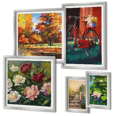 Modernes Wandbilder-Set mit Blumen und Fahrrädern in malerischer Schönheit
