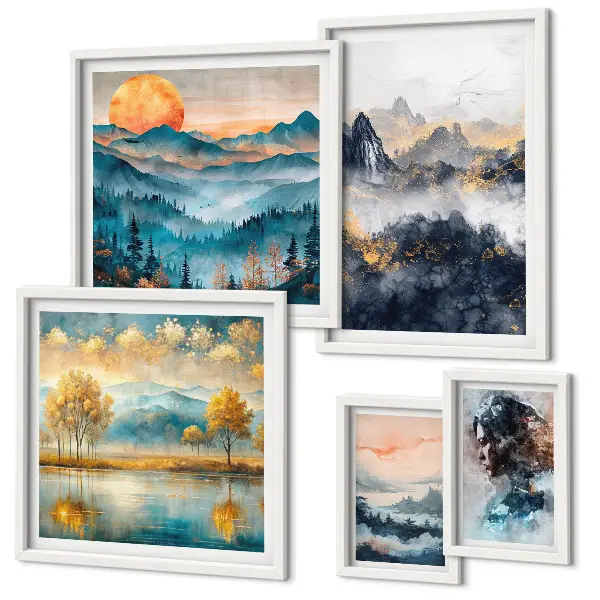 Bildergalerieset für die Wand mit Berglandschaften und Porträts