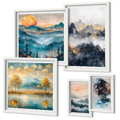 Bildergalerieset für die Wand mit Berglandschaften und Porträts