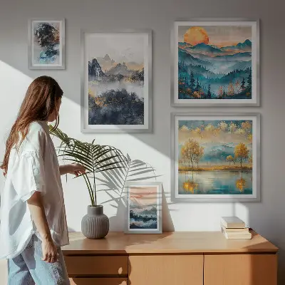 Bildergalerieset für die Wand mit Berglandschaften und Porträts
