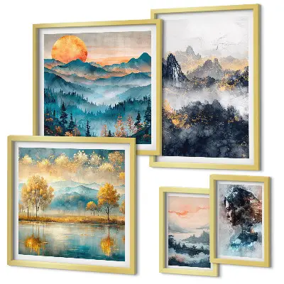 Bildergalerieset für die Wand mit Berglandschaften und Porträts