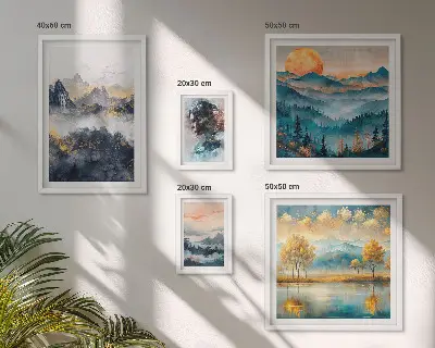 Bildergalerieset für die Wand mit Berglandschaften und Porträts