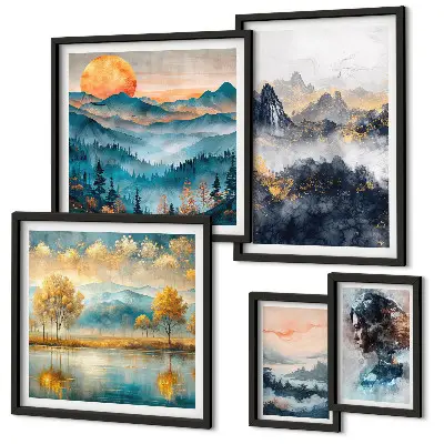 Bildergalerieset für die Wand mit Berglandschaften und Porträts