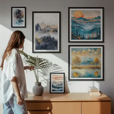 Bildergalerieset für die Wand mit Berglandschaften und Porträts