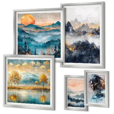 Bildergalerieset für die Wand mit Berglandschaften und Porträts