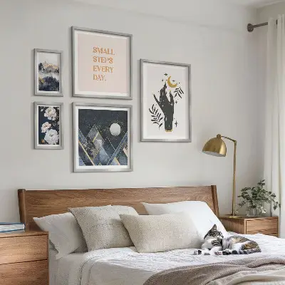Modernes Wandbilder-Set im Boho-Stil mit Naturmotiven und Schriftzügen
