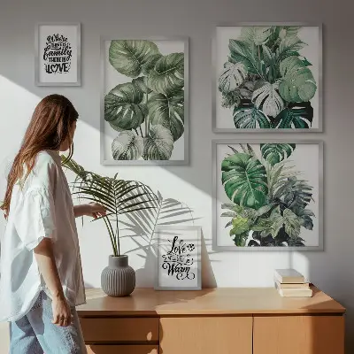 Bilderset fürs Sofa mit Boho-Zitaten und Pflanzenmotiven