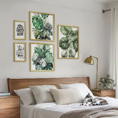 Bilderset fürs Sofa mit Boho-Zitaten und Pflanzenmotiven