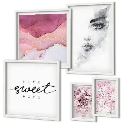 Bildergalerieset für die Wand mit Frauenporträts und Blumen in Pastelltönen