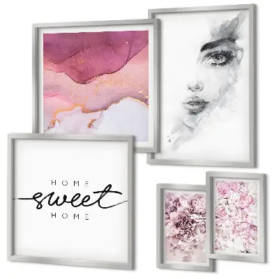 Bildergalerieset für die Wand mit Frauenporträts und Blumen in Pastelltönen