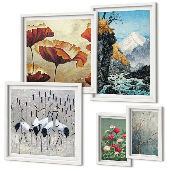 Modernes Wandbilder-Set mit Landschaften von Blumen und Bergen