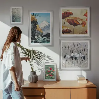 Modernes Wandbilder-Set mit Landschaften von Blumen und Bergen