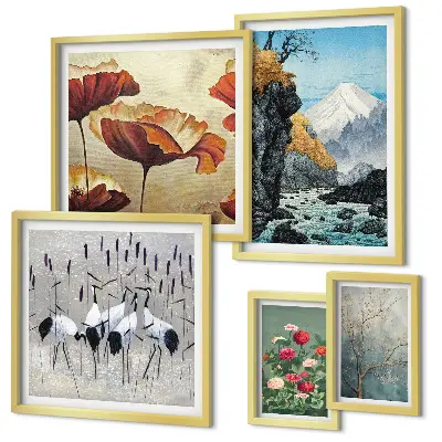 Modernes Wandbilder-Set mit Landschaften von Blumen und Bergen
