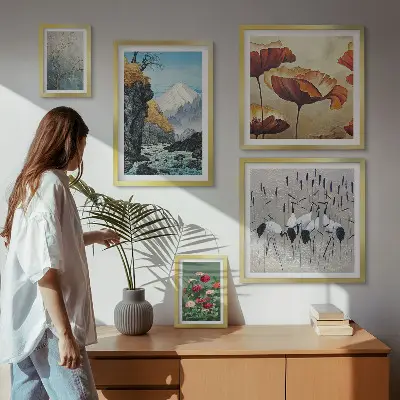 Modernes Wandbilder-Set mit Landschaften von Blumen und Bergen