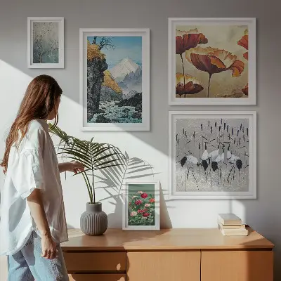 Modernes Wandbilder-Set mit Landschaften von Blumen und Bergen