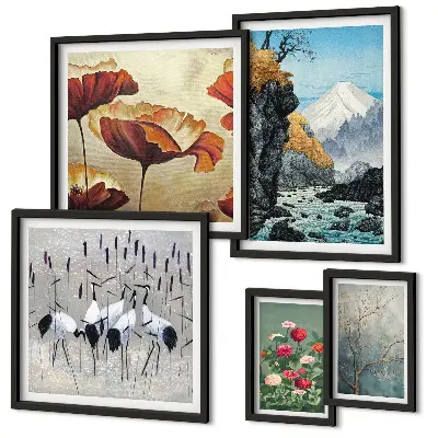 Modernes Wandbilder-Set mit Landschaften von Blumen und Bergen