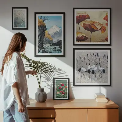 Modernes Wandbilder-Set mit Landschaften von Blumen und Bergen