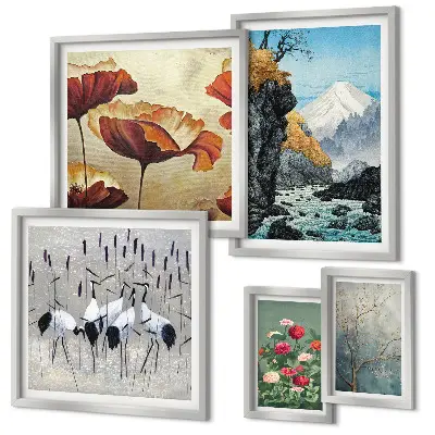 Modernes Wandbilder-Set mit Landschaften von Blumen und Bergen