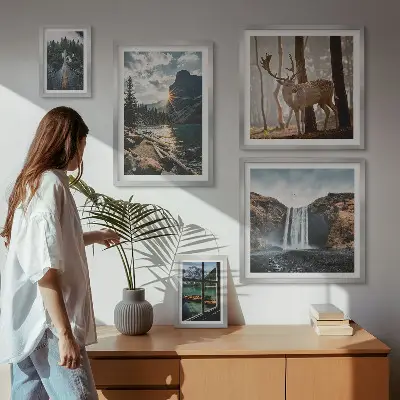 Modernes Wandbilder-Set mit Motiven aus Landschaften, Natur, Wasserfällen und Fauna